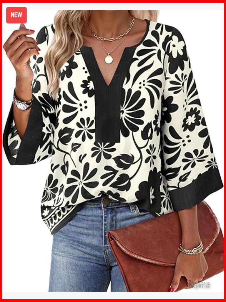 Women's 3/4 Sleeve V Neck Floral Tunic Blouse Lightweight Loose Fit
